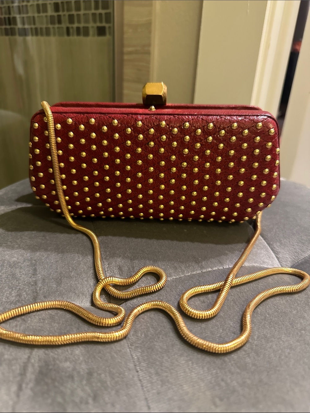 Rebecca Minkoff Red Studded Clutch with Gold Chain Strap